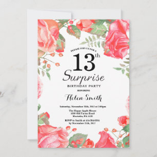 Invitación Sorpresa floral roja botánica cumpleaños 13