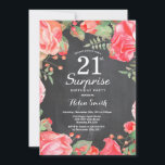 Invitación Sorpresa floral roja botánica Cumpleaños 21<br><div class="desc">Invitación de sorpresa floral roja botánica Cumpleaños 21. Invitación de cumpleaños de peonías rosadas florales para mujeres. Flor de acuarela floral. Elegantes flores de rosa y peonía rosadas. Cumpleaños adulto. Fondo de pizarra. Blanco y negro. 13 15 16 18 20 21 30 40 50 60 70 80 90 100, cualquier...</div>