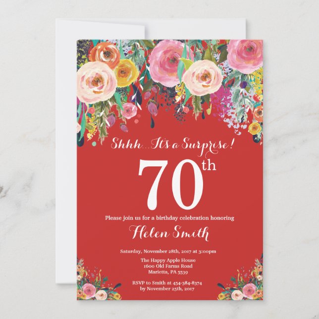Invitación sorpresa floral roja para 70 cumpleaños (Anverso)