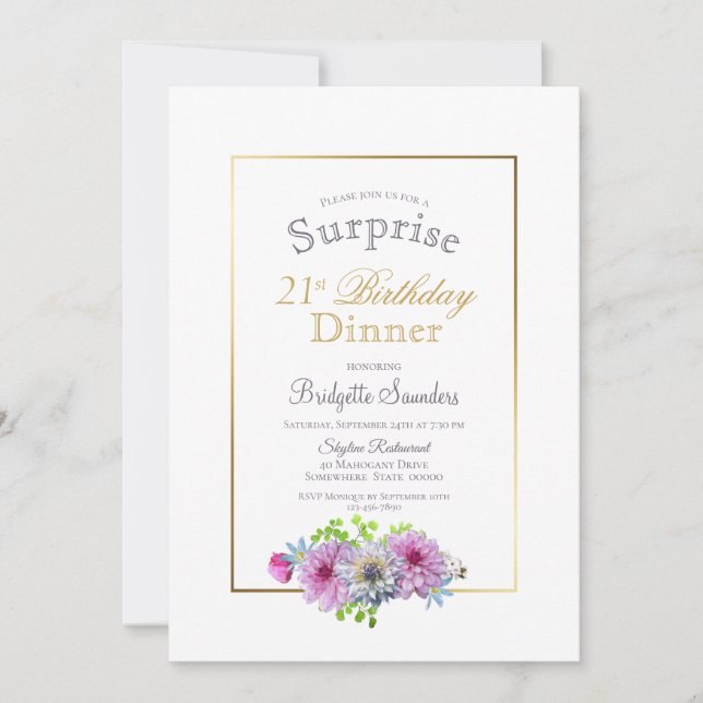 Invitación Sorpresa floral rosa 21ª cena de cumpleaños (Anverso)