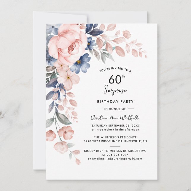 Invitación Sorpresa floral rosa 60 cumpleaños (Anverso)