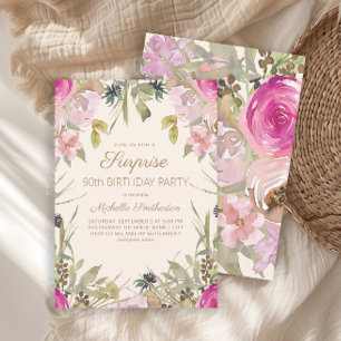 Invitación Sorpresa floral rosa púrpura para 90 cumpleaños In