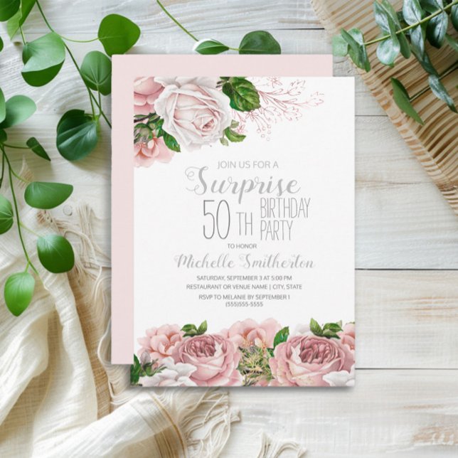 Invitación Sorpresa floral rosa sonrojado 50 cumpleaños (Blush pink vintage floral surprise 50th birthday party invitation)