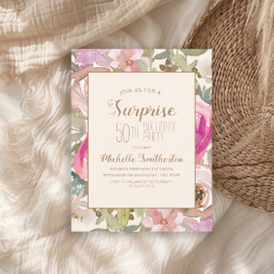 Invitación Sorpresa floral rosa suave púrpura Cumpleaños 50