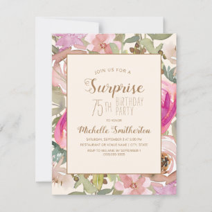 Invitación Sorpresa floral rosa suave púrpura Cumpleaños 75