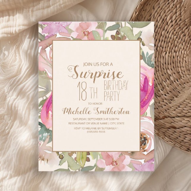 Invitación Sorpresa floral suave rosa morado 18 cumpleaños (Elegant pink watercolor flowers and sage green leaves 18th birthday party invitation)