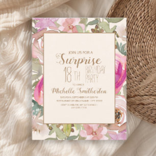 Invitación Sorpresa floral suave rosa púrpura Cumpleaños 18