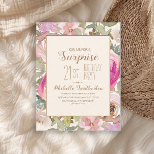Invitación Sorpresa floral suave rosa púrpura Cumpleaños 21