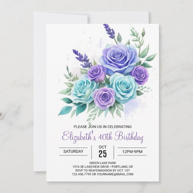 Invitación Sorpresa floral Verde azulada botánica 40 cumpleañ (Anverso)