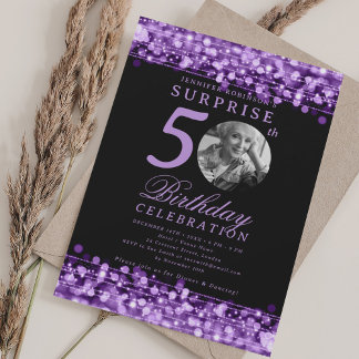 Invitación SORPRESA Foto 50.º cumpleaños Luces púrpuras