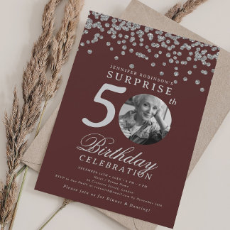 Invitación SORPRESA Foto 50 cumpleaños Borgoña plateada