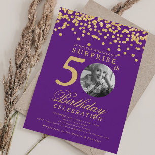 Invitación SORPRESA Foto 50 cumpleaños Confetti de oro morado