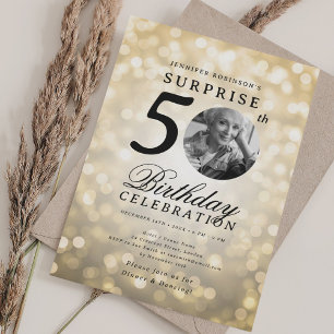 Invitación SORPRESA Foto 50 cumpleaños fiesta Bokeh de oro