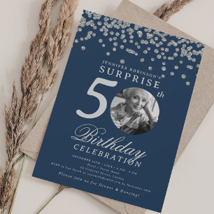 Invitación SORPRESA Foto 50 cumpleaños Marina Confetti Plata