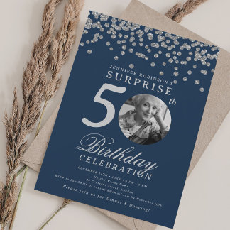 Invitación SORPRESA Foto 50 cumpleaños Marina Confetti Plata