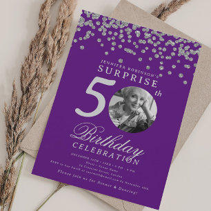 Invitación SORPRESA Foto 50 Cumpleaños Plata Confetti Púrpura