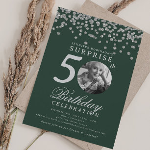 Invitación SORPRESA Foto 50 Cumpleaños Plata Confetti Verde