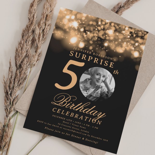 Invitación SORPRESA Foto 50th Birthday Gold Midnight Glam (SURPRISE Photo 50th Birthday Gold Midnight Glam Invitation)