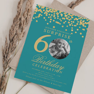 Invitación SORPRESA Foto 60 Cumpleaños Confetti de oro Turque