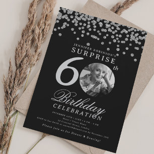 Invitación SORPRESA Foto 60 cumpleaños Confetti negro