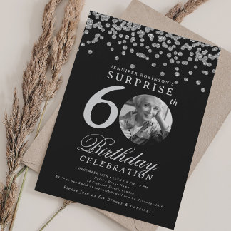 Invitación SORPRESA Foto 60 cumpleaños Confetti negro
