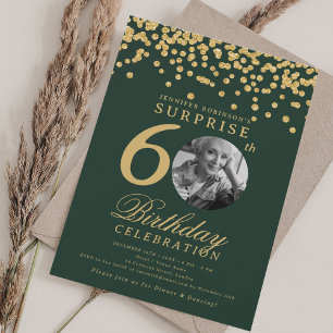 Invitación SORPRESA Foto 60th Birthday Gold Confetti Green