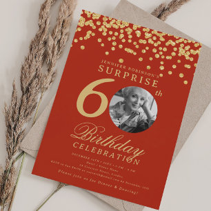 Invitación SORPRESA Foto 60th Birthday Gold Confetti Red