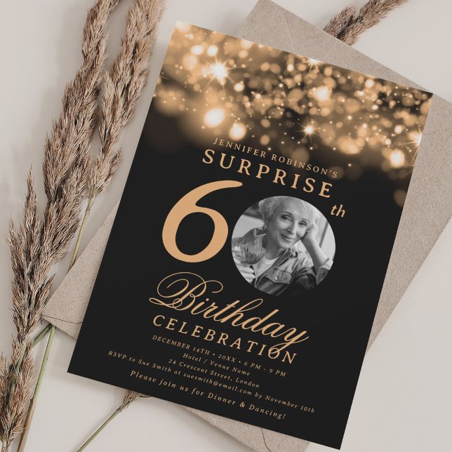 Invitación SORPRESA Foto 60th Birthday Gold Midnight Glam (SURPRISE Photo 60th Birthday Gold Midnight Glam Invitation)