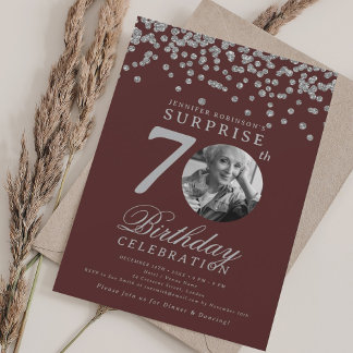 Invitación SORPRESA Foto 70 cumpleaños Borgoña Plata