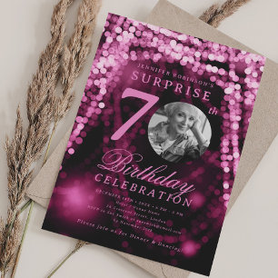 Invitación SORPRESA Foto 70° cumpleaños Luces de vidrio rosad