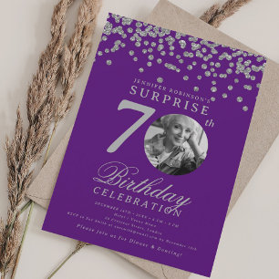 Invitación SORPRESA Foto 70 cumpleaños Púrpura plateado