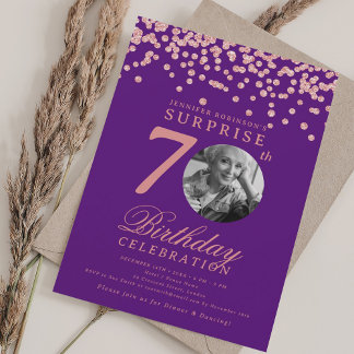 Invitación SORPRESA Foto 70 cumpleaños Rosa oro morado