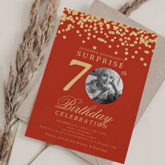 Invitación SORPRESA Foto 70 Nacimiento Rojo De Confetti De Or