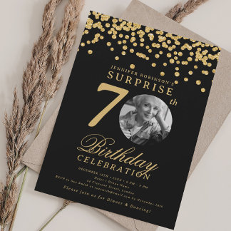 Invitación SORPRESA Foto 70th Birthday Gold Confetti Black