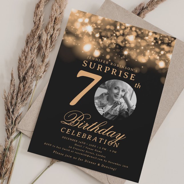 Invitación SORPRESA Foto 70th Birthday Gold Midnight Glam (SURPRISE Photo 70th Birthday Gold Midnight Glam Invitation)
