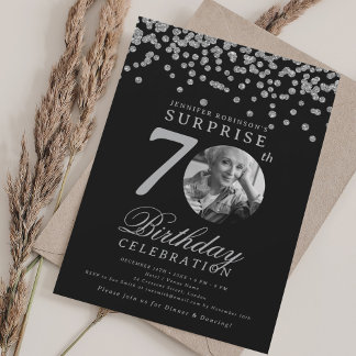 Invitación SORPRESA Foto 70th Birthday Silver Black