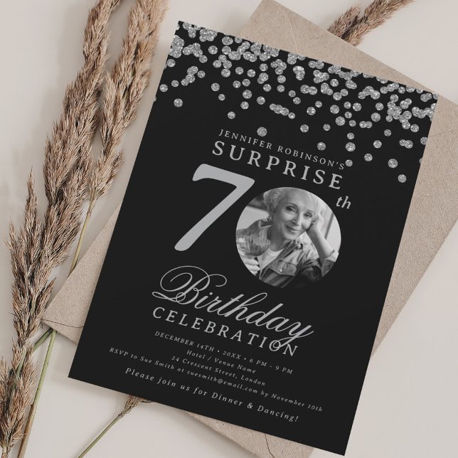Invitación SORPRESA Foto 70th Birthday Silver Black (SURPRISE Photo 70th Birthday Silver Black Invitation)