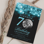 Invitación SORPRESA Foto 70th Birthday Turquoise Midnight<br><div class="desc">Un elegante diseño de la fiesta "Cumpleaños 70" con foto personalizada,  tipografía moderna y fondo de luces de cuerda.</div>