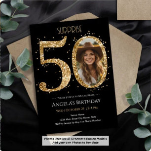 Invitación Sorpresa Foto Cumpleaños 50 con Brillo Dorado