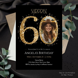 Invitación Sorpresa Foto Cumpleaños 60 con Brillo Dorado