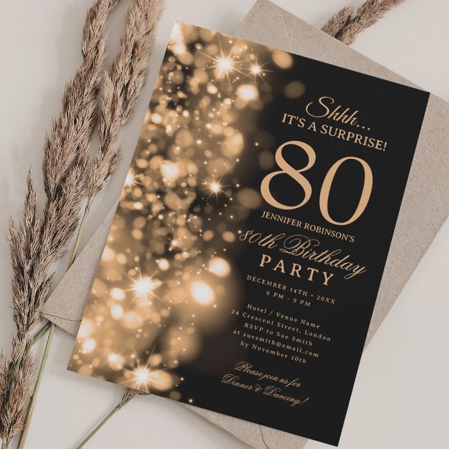 Invitación Sorpresa Glam de Oro Fiesta de Cumpleaños 80 (Gold Glam Surprise 80th Birthday Party Invitation)