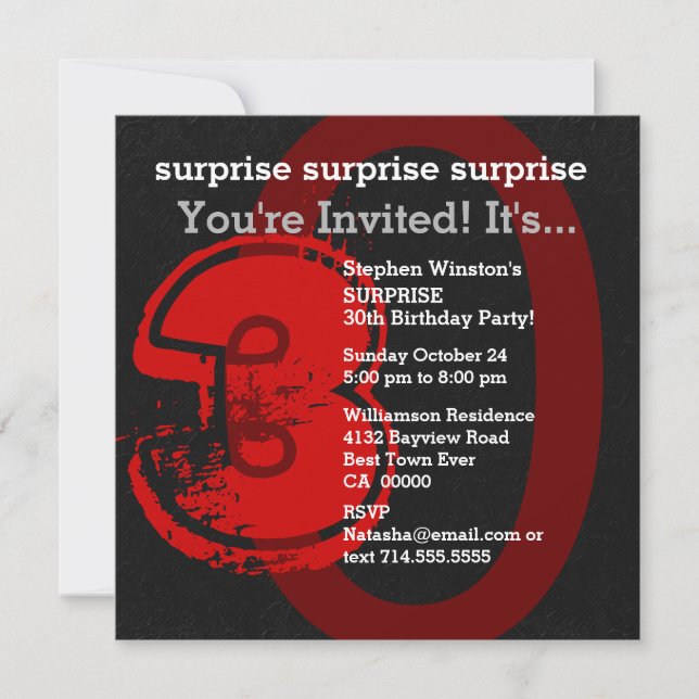 Invitación SORPRESA Grunge 30 cumpleaños rojo y negro W202C1 (Anverso)