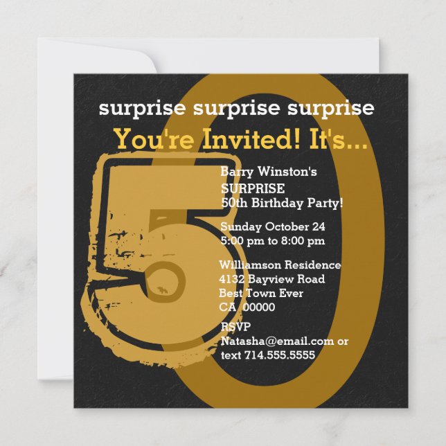 Invitación SORPRESA Grunge 50º cumpleaños Gold Black W202E (Anverso)