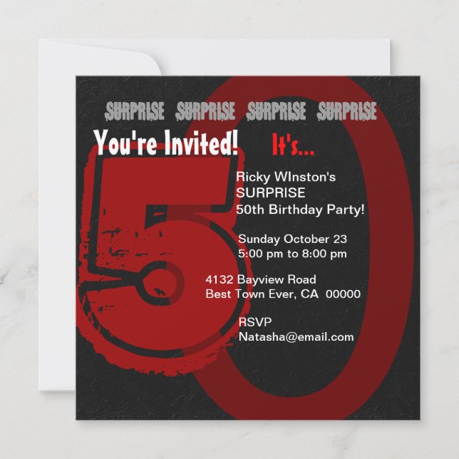 Invitación SORPRESA Grunge 50 cumpleaños rojo y negro W202 (Anverso)