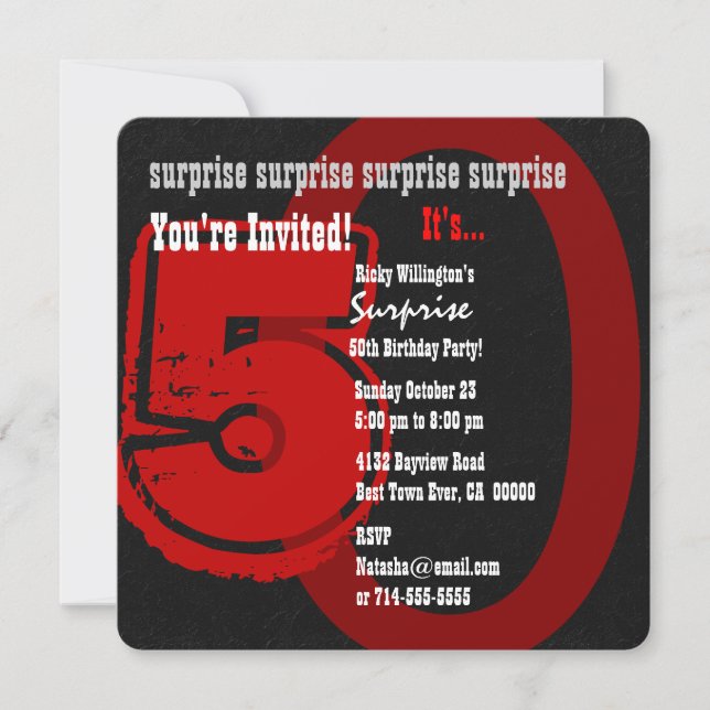 Invitación SORPRESA Grunge 50 cumpleaños rojo y negro W202B (Anverso)