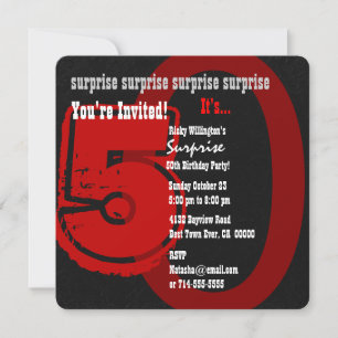 Invitación SORPRESA Grunge 50 cumpleaños rojo y negro W202B