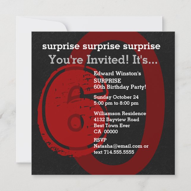 Invitación SORPRESA Grunge 60º cumpleaños rojo y negro W202C3 (Anverso)