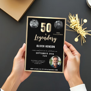 Invitación Sorpresa Metálica Dorada 3 Foto Cumpleaños 50
