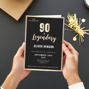 Invitación Sorpresa metálica dorada moderna para 90 cumpleaño