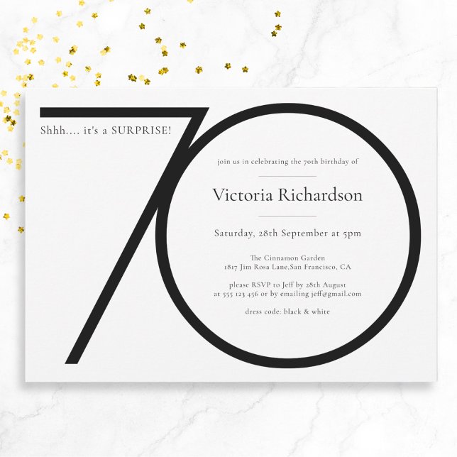 Invitación Sorpresa Minimalista blanca negra 70 cumpleaños (Mockup View)